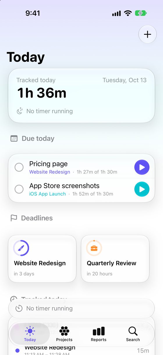 Orbit's Today view showing time tracked today, tasks due today with play buttons, and project deadlines with progress rings
